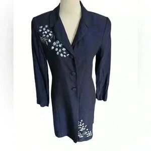 Jessica Howard Coat Dress Navy Blue with Handpainted Flowers Vintage 80s Size 10